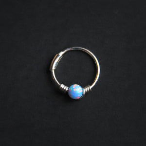Silver Cartilage Hoop Earrings Huggie Earrings Opal Hoop Earrings - Cartilage Hoop, Nose Ring Sky Blue / Without Silver Beads / Single (One Hoop) MidwinterHollow