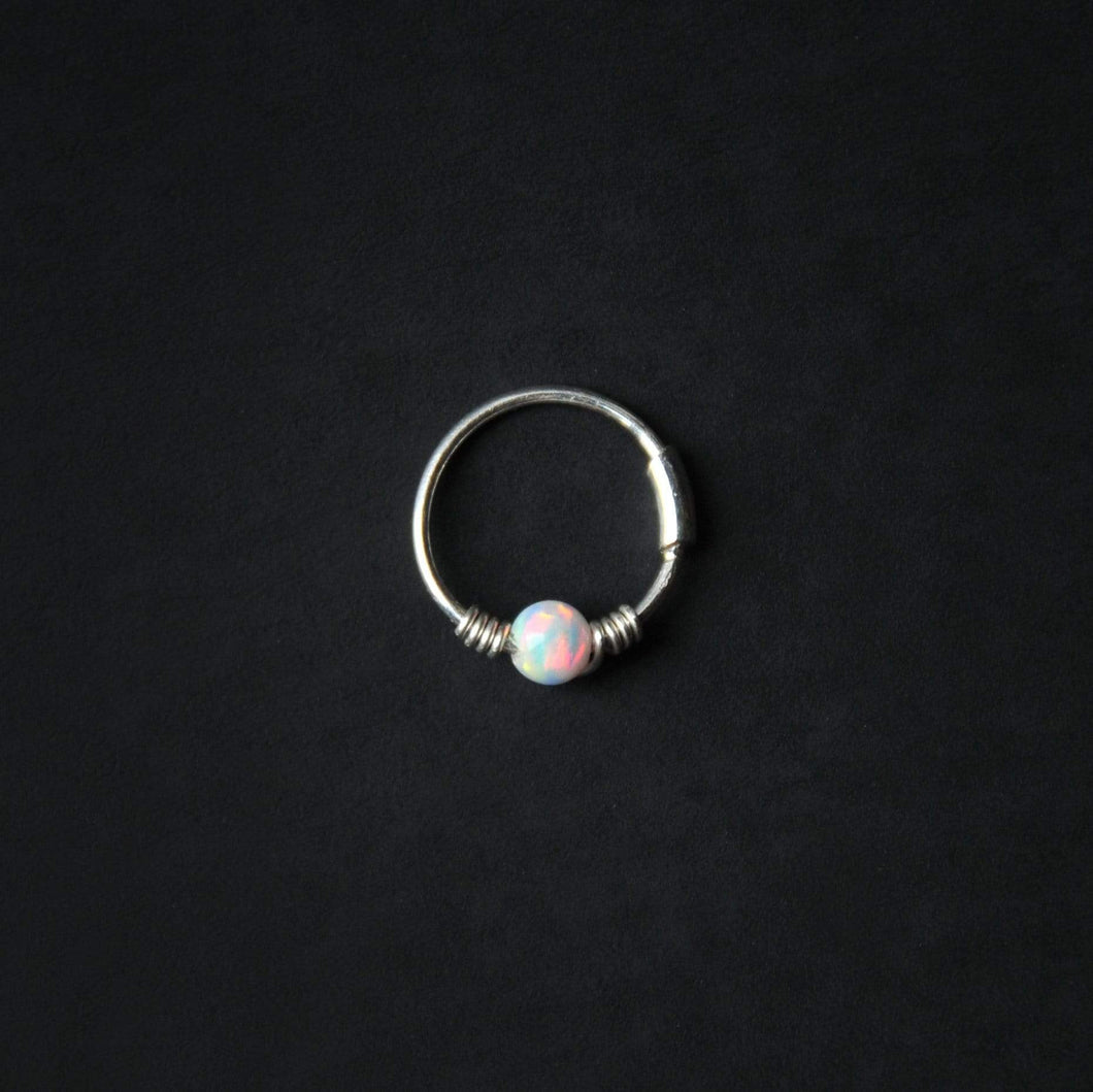 Silver Cartilage Hoop Earrings Huggie Earrings Opal Hoop Earrings - Cartilage Hoop, Nose Ring White / Without Silver Beads / Single (One Hoop) MidwinterHollow