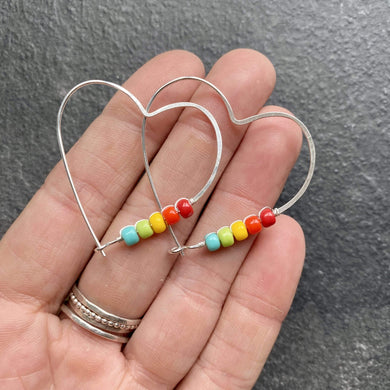 Silver Hoop Earrings Rainbow Heart Hoop Earrings, Large Sterling Silver Hoops MidwinterHollow