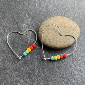 Silver Hoop Earrings Rainbow Heart Hoop Earrings, Large Sterling Silver Hoops MidwinterHollow